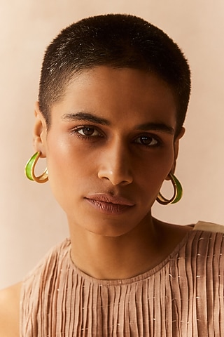 Gold Plated Green Enameled Hoop Earrings by Voyce Jewellery
