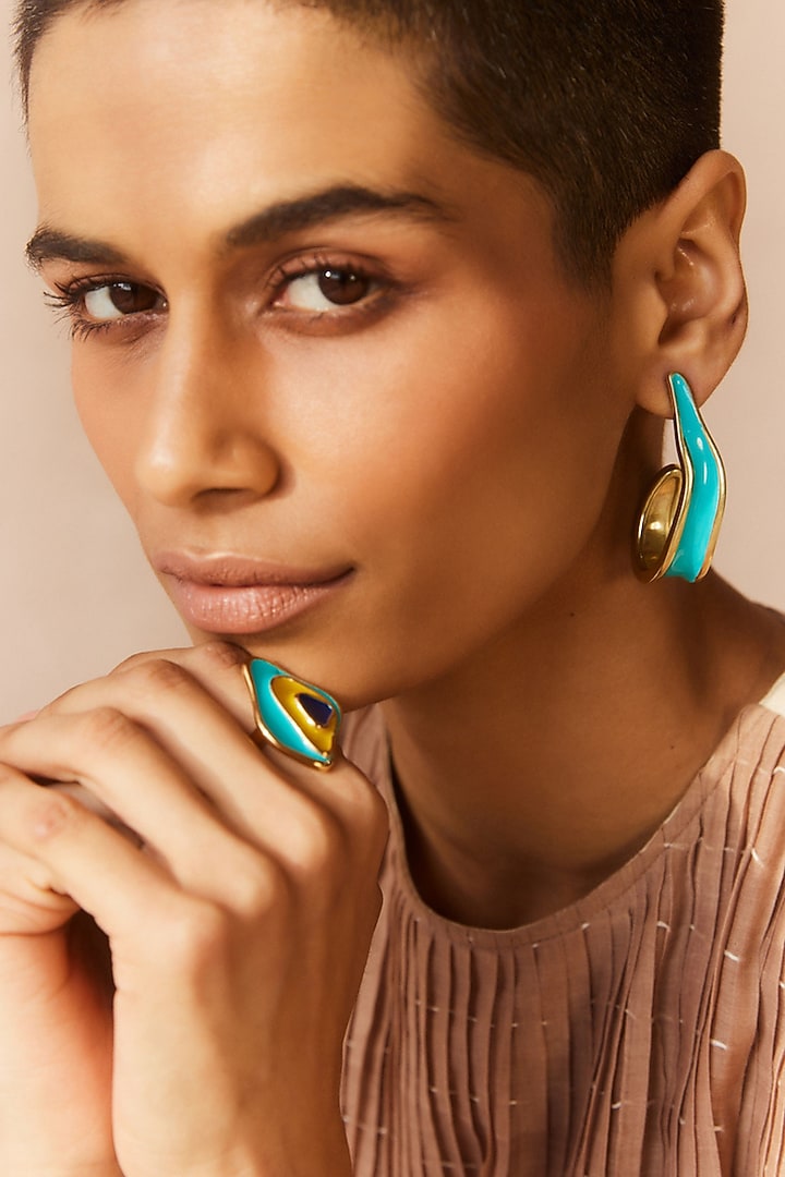 Gold Plated Sky Blue Enameled Hoop Earrings by Voyce Jewellery at Pernia's Pop Up Shop