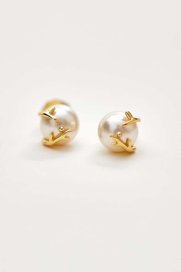 Gold Finish Swarovski Pearl Stud Earrings by Voyce Jewellery at Pernia's Pop Up Shop