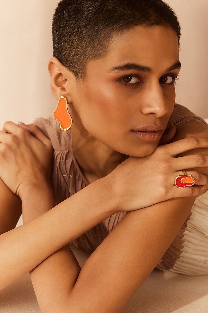 Gold Plated Orange Enameled Stud Earrings by Voyce Jewellery at Pernia's Pop Up Shop