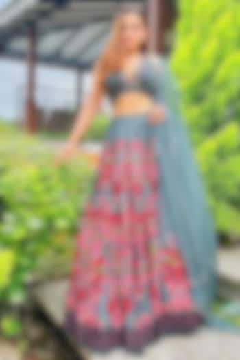 Grey Embroidered & Printed Wedding Lehenga Set by Basil Leaf at Pernia's Pop Up Shop