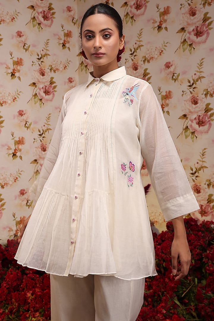 Ivory Chanderi Silk Embroidered Pant Set by Vrinda by Pundrik Dubey at Pernia's Pop Up Shop