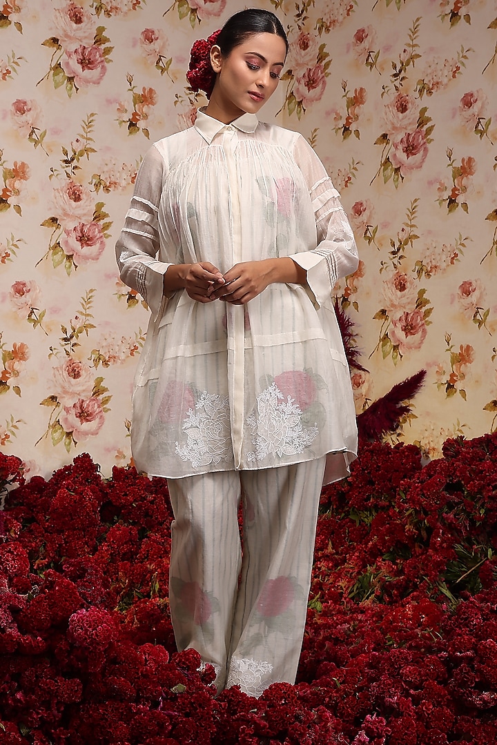 Ivory Chanderi Silk Embroidered Co-Ord Set by Vrinda by Pundrik Dubey