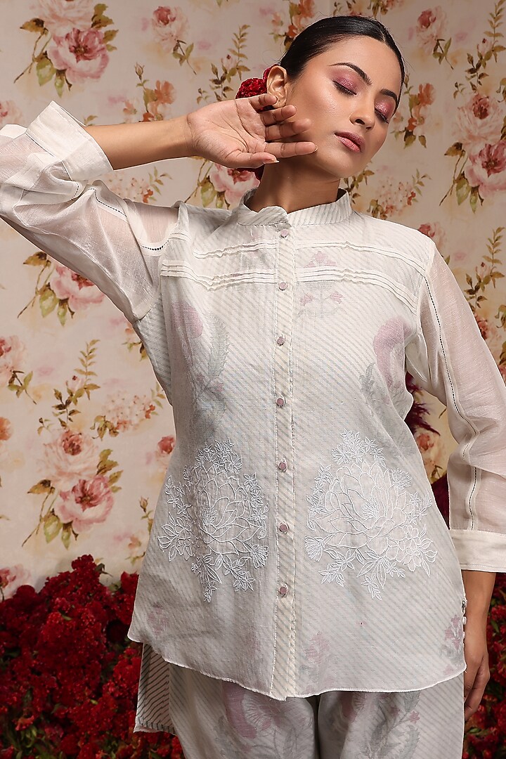 Ivory Chanderi Silk Embroidered Pant Set by Vrinda by Pundrik Dubey at Pernia's Pop Up Shop