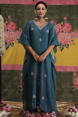 Turquoise Zardosi Embroidered Kaftan by Vrinda by Pundrik Dubey