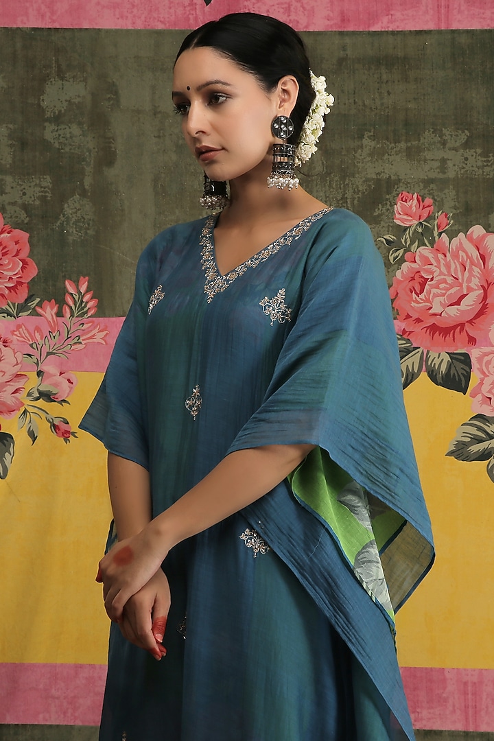 Turquoise Zardosi Embroidered Kaftan by Vrinda by Pundrik Dubey at Pernia's Pop Up Shop