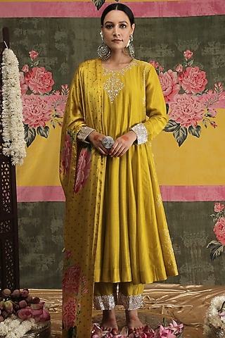 Mustard Zardosi Hand Embroidered Anarkali Set by Vrinda by Pundrik Dubey