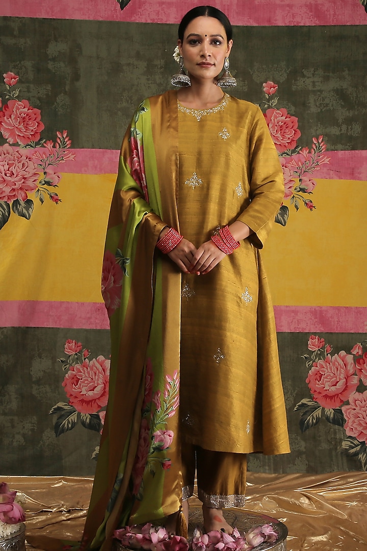 Mustard Raw Silk Kurta Set by Vrinda by Pundrik Dubey at Pernia's Pop Up Shop