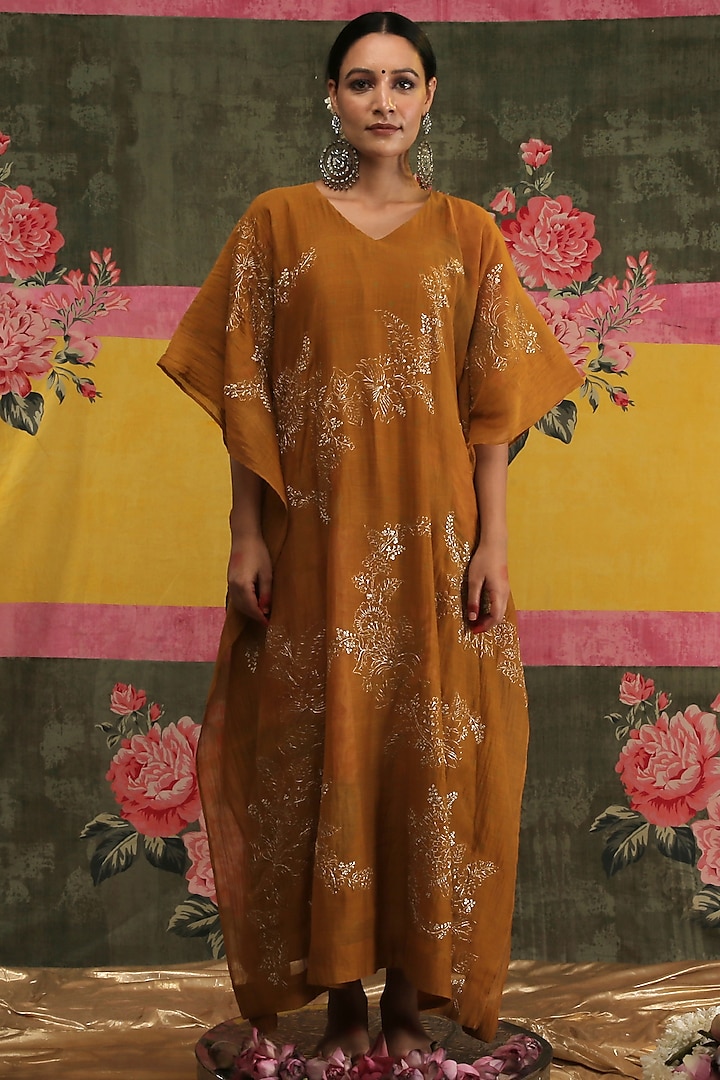 Golden Yellow Jaal Embroidered Kaftan by Vrinda by Pundrik Dubey
