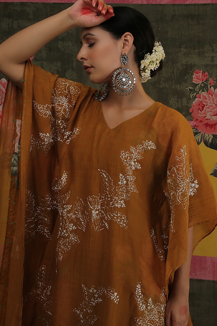 Golden Yellow Jaal Embroidered Kaftan by Vrinda by Pundrik Dubey at Pernia's Pop Up Shop
