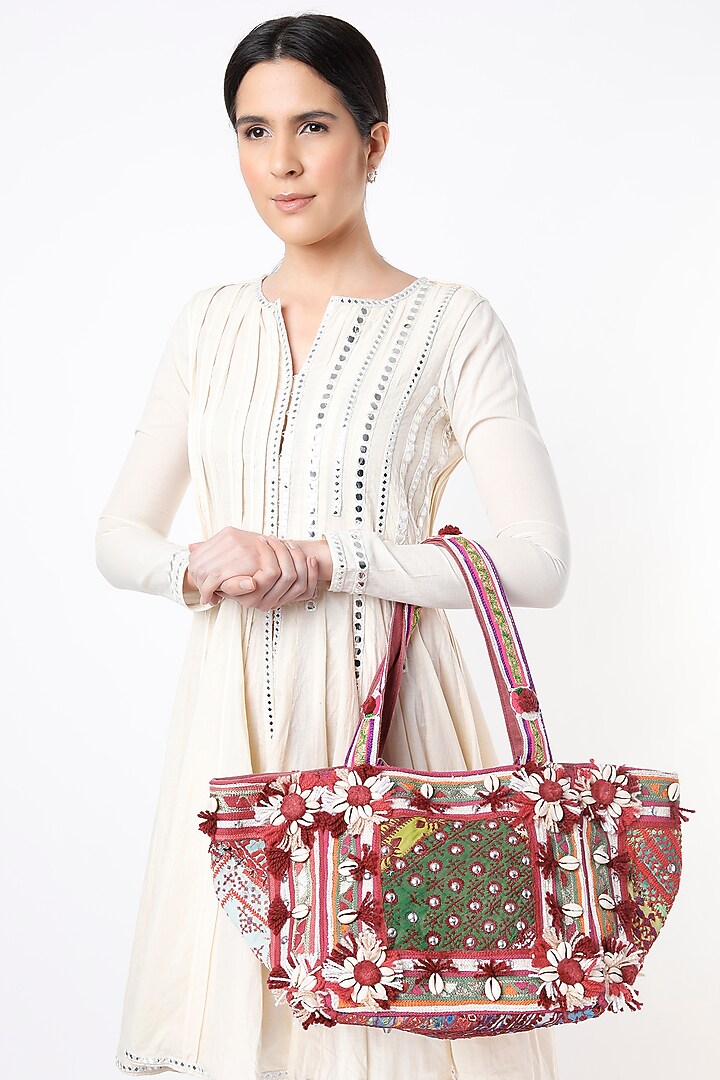 Cadmium Red Hand Embroidered Tote Bag by Vipul Shah Bags at Pernia's Pop Up Shop