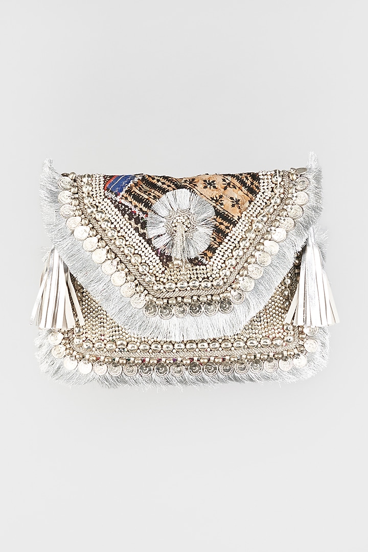 Silver Hand Embroidered Sling Bag by Vipul Shah Bags
