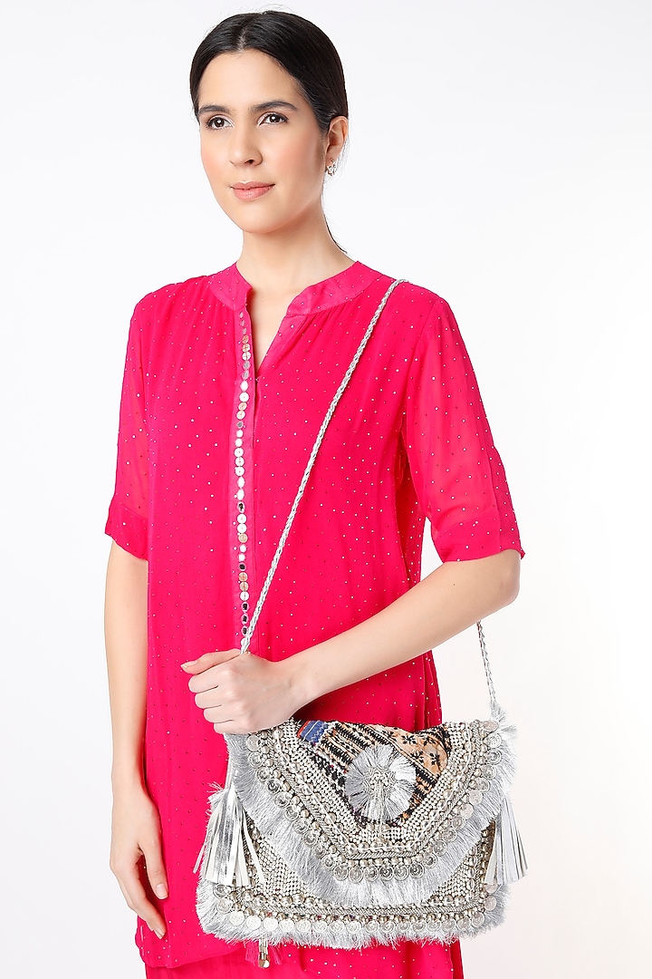 Silver Hand Embroidered Sling Bag by Vipul Shah Bags at Pernia's Pop Up Shop