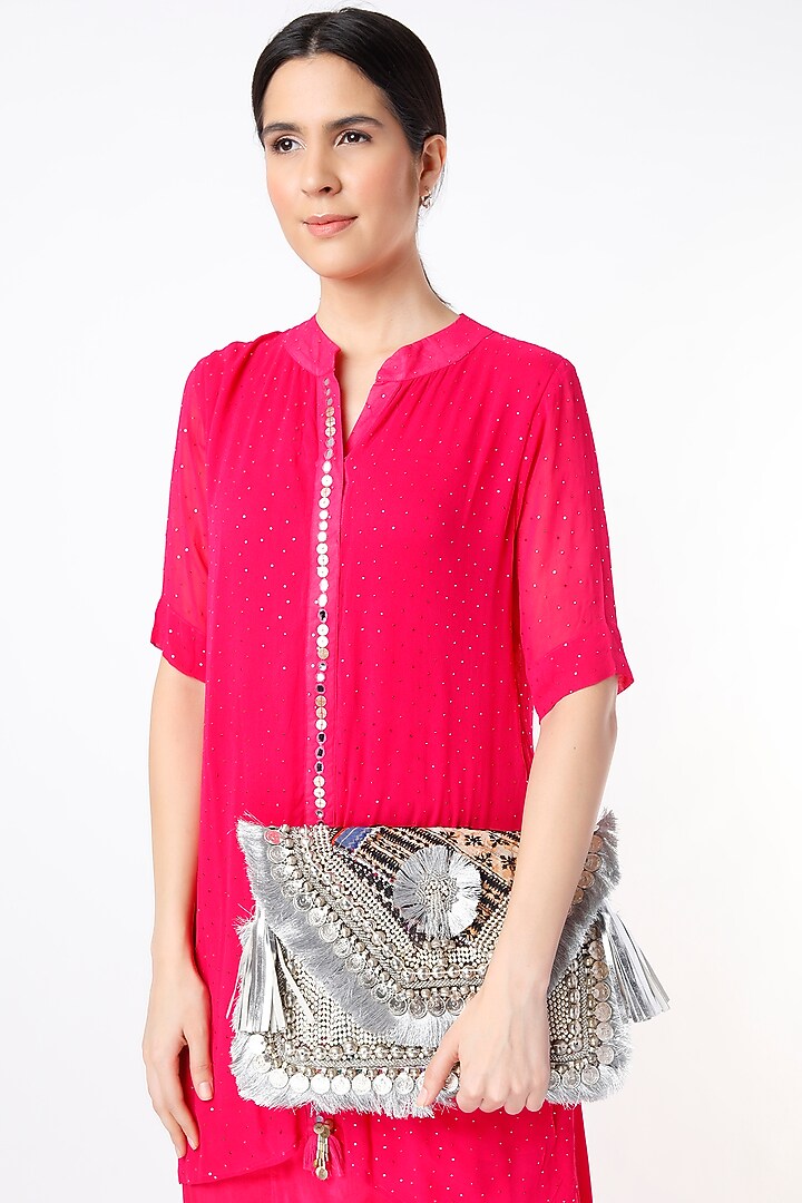 Silver Hand Embroidered Sling Bag by Vipul Shah Bags at Pernia's Pop Up Shop