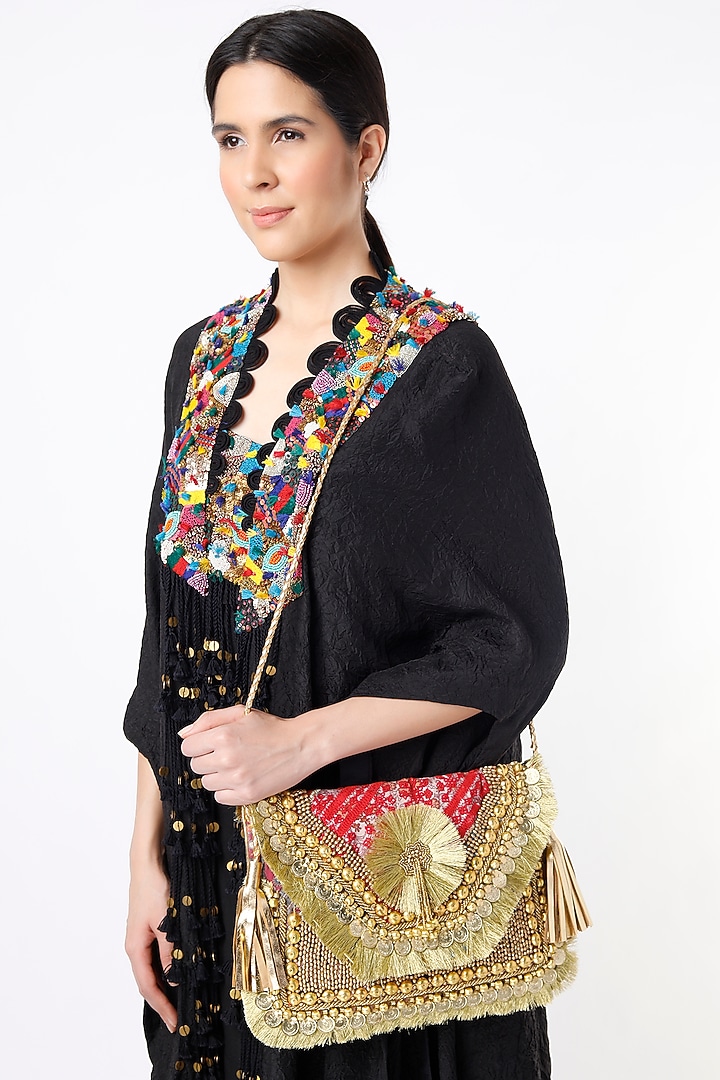Gold Hand Embroidered Sling Bag by Vipul Shah Bags at Pernia's Pop Up Shop