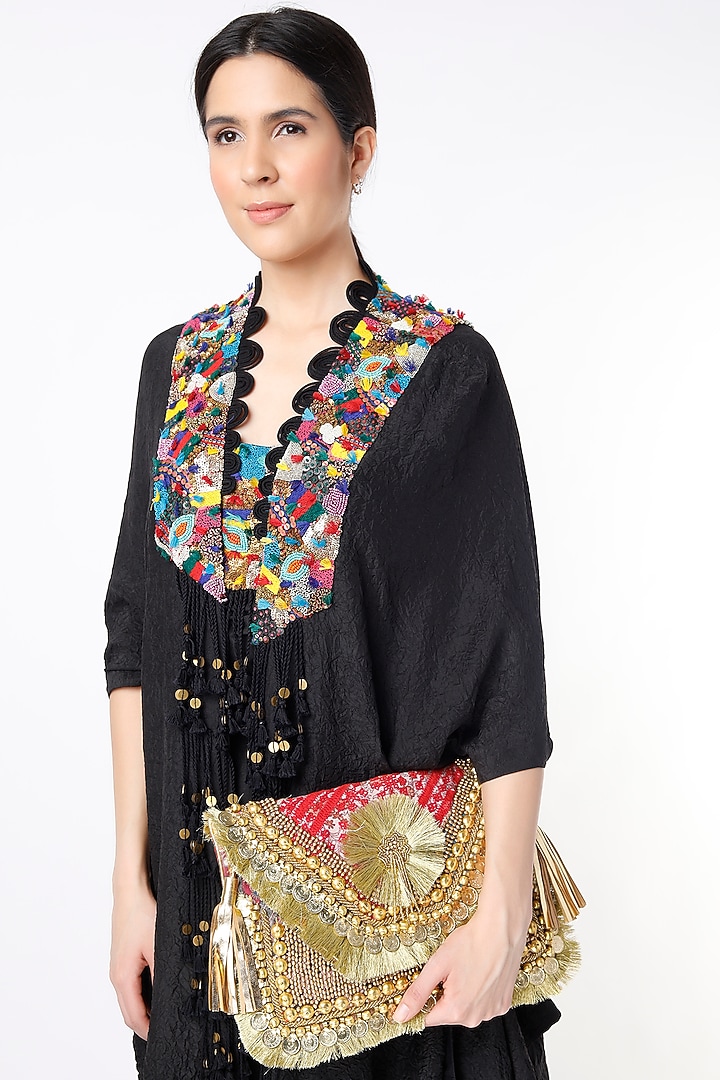 Gold Hand Embroidered Sling Bag by Vipul Shah Bags at Pernia's Pop Up Shop