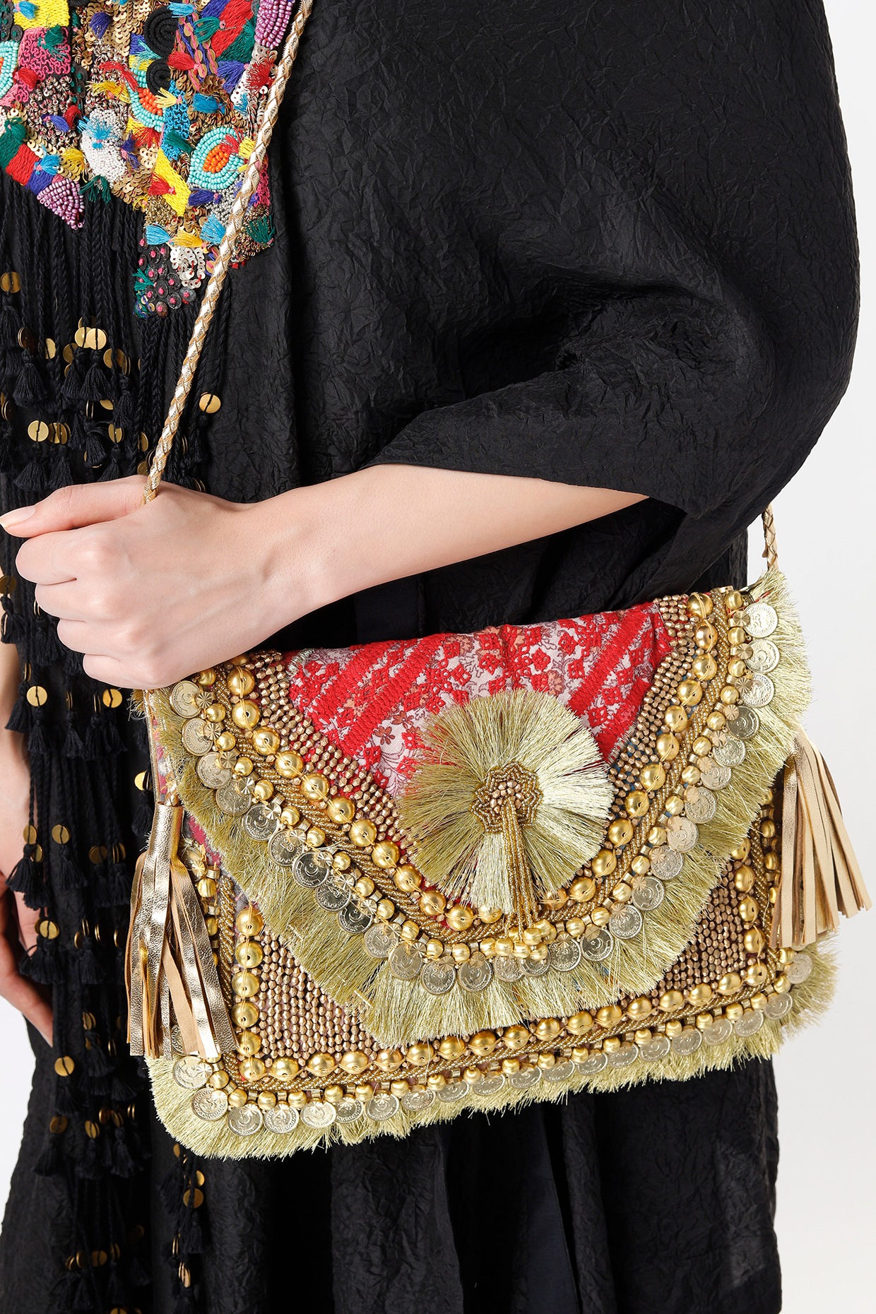 Gold Hand Embroidered Sling Bag Design by Vipul Shah Bags at