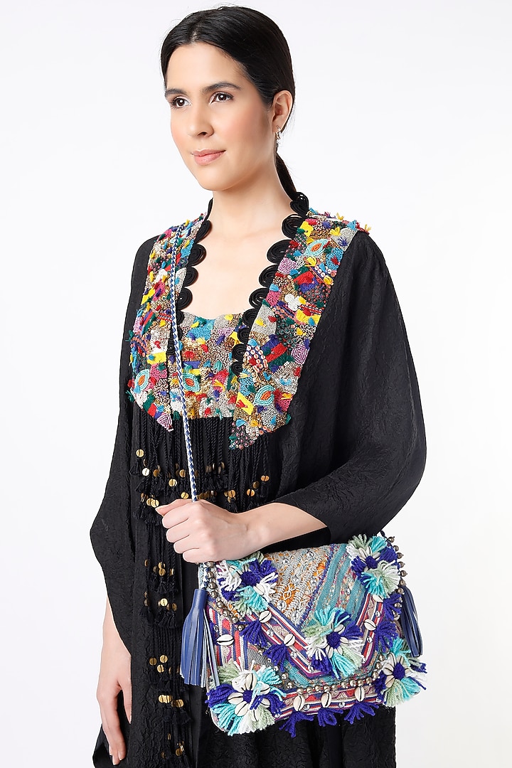 Sky Blue Hand Embroidered Sling Bag by Vipul Shah Bags at Pernia's Pop Up Shop