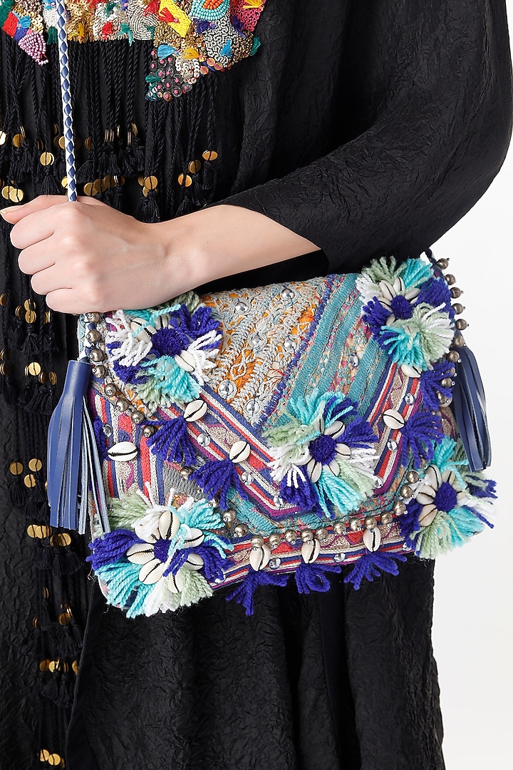 Sky Blue Hand Embroidered Sling Bag by Vipul Shah Bags at Pernia's Pop Up Shop
