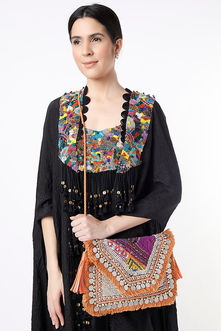 Bright Orange Hand Embroidered Sling Bag by Vipul Shah Bags at Pernia's Pop Up Shop