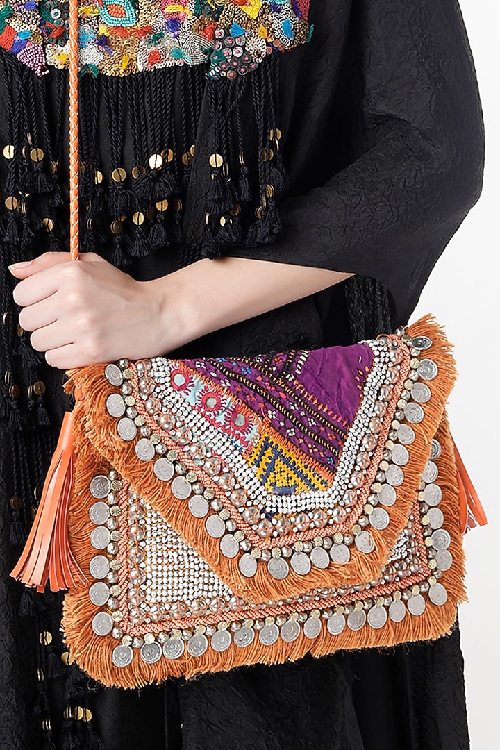 Bright Orange Hand Embroidered Sling Bag by Vipul Shah Bags at Pernia's Pop Up Shop