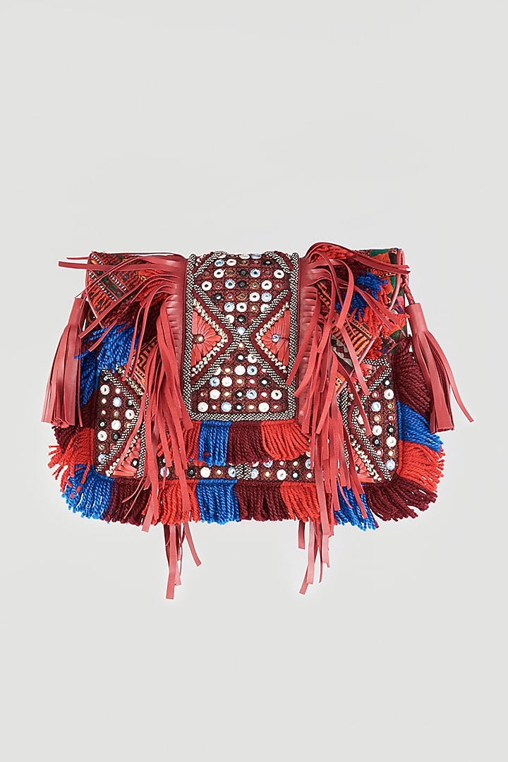 Bright Red Hand Embroidered Sling Bag by Vipul Shah Bags