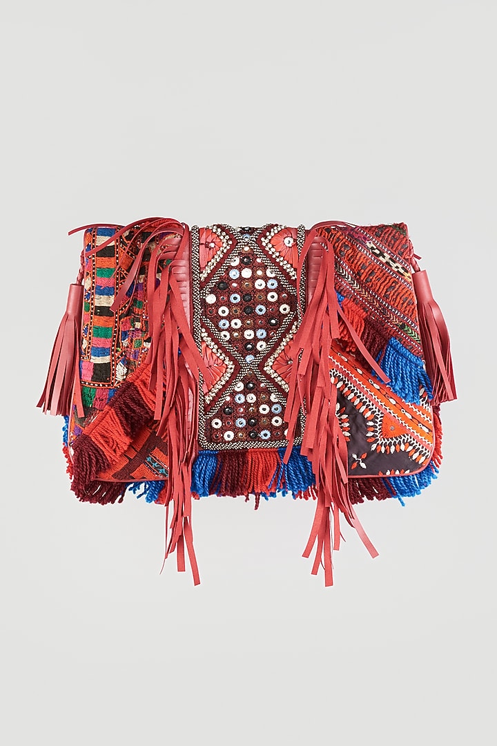 Bright Red Hand Embroidered Sling Bag by Vipul Shah Bags at Pernia's Pop Up Shop