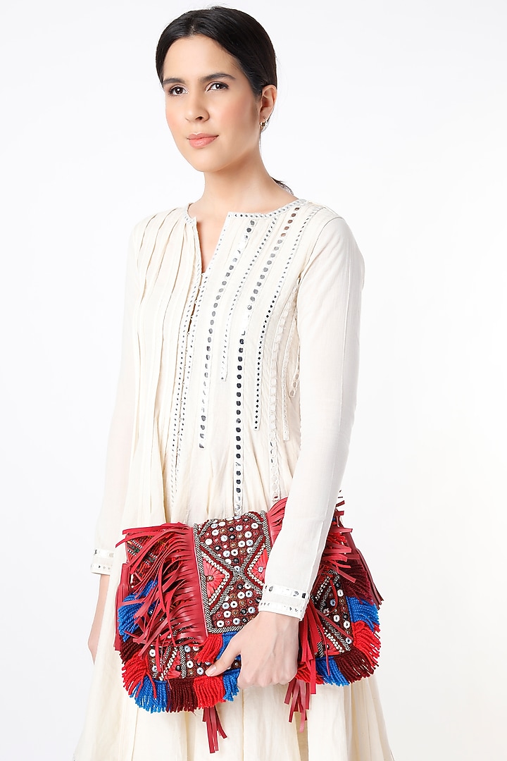 Bright Red Hand Embroidered Sling Bag by Vipul Shah Bags at Pernia's Pop Up Shop