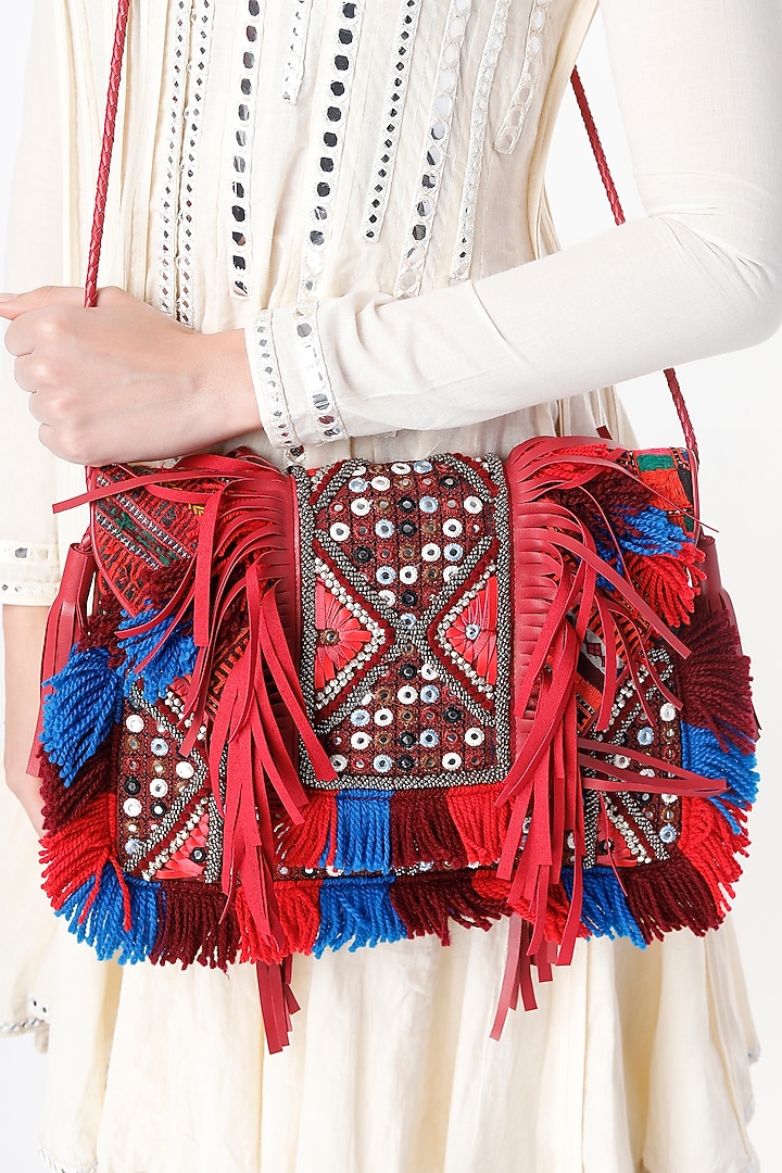 Bright Red Hand Embroidered Sling Bag by Vipul Shah Bags at Pernia's Pop Up Shop