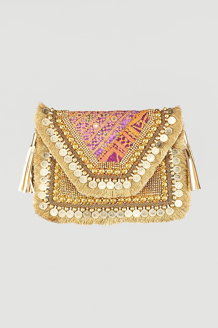 Golden Hand Embroidered Sling Bag by Vipul Shah Bags at Pernia's Pop Up