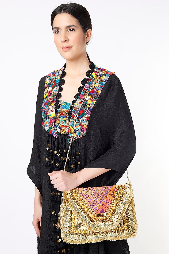 Golden Hand Embroidered Sling Bag by Vipul Shah Bags at Pernia's Pop Up Shop