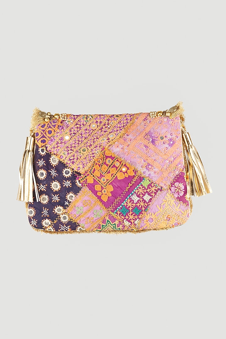 Golden Hand Embroidered Sling Bag by Vipul Shah Bags at Pernia's Pop Up Shop