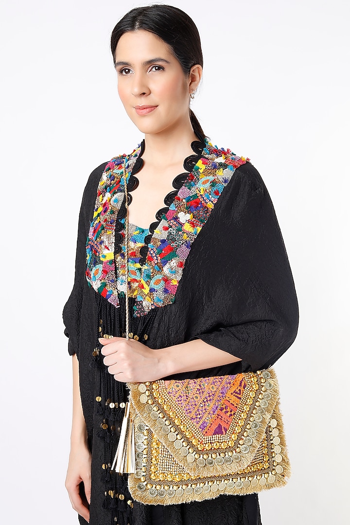 Golden Hand Embroidered Sling Bag by Vipul Shah Bags at Pernia's Pop Up Shop