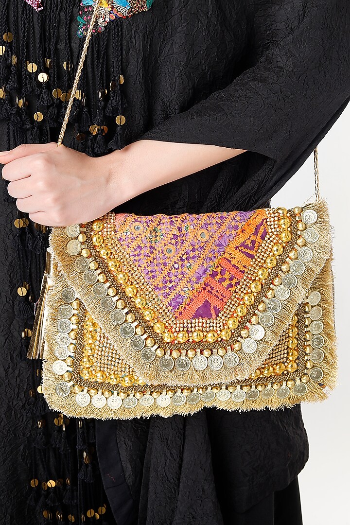Golden Hand Embroidered Sling Bag by Vipul Shah Bags at Pernia's Pop Up Shop