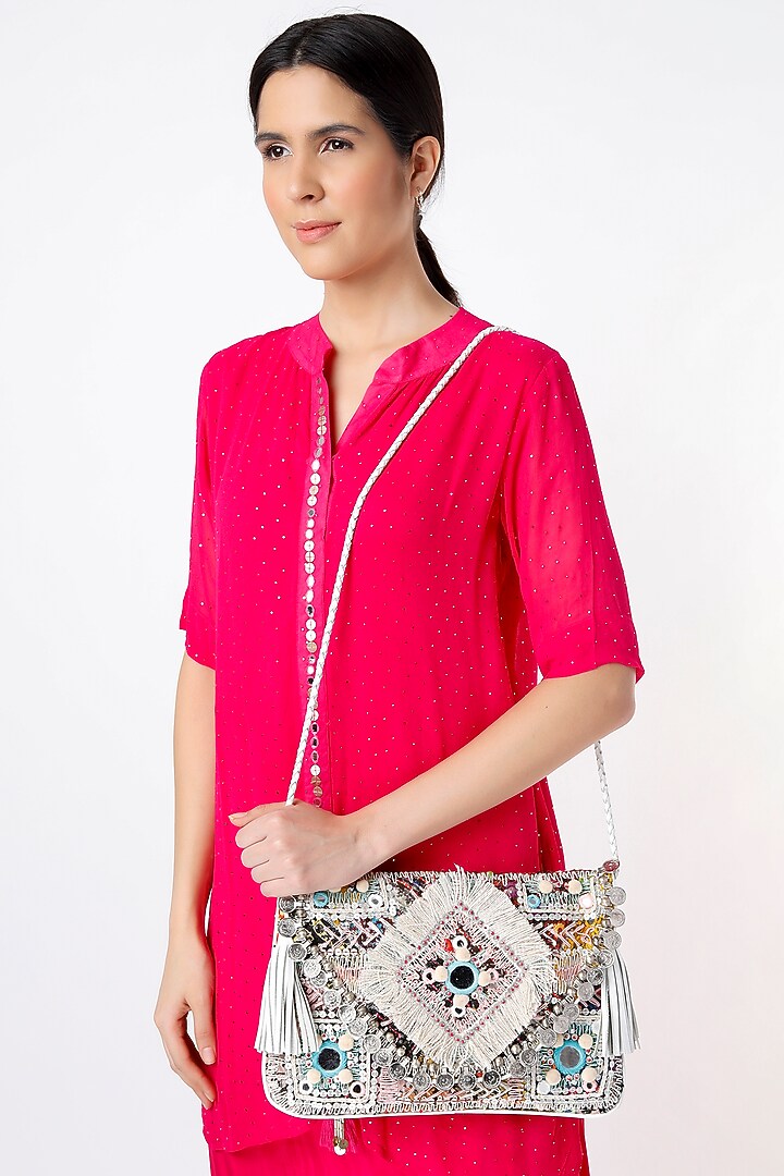 Silver Embroidered Sling Bag by Vipul Shah Bags at Pernia's Pop Up Shop