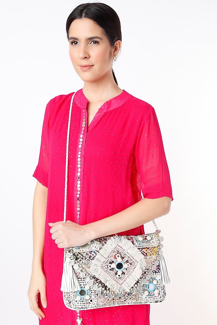 Silver Embroidered Sling Bag by Vipul Shah Bags at Pernia's Pop Up Shop
