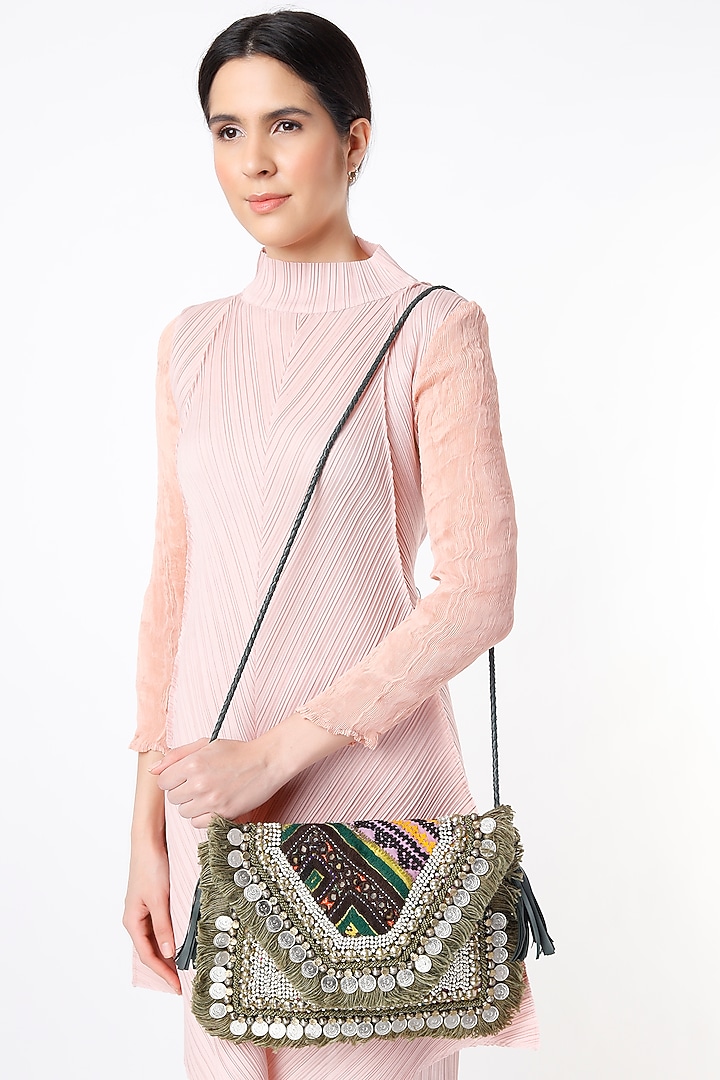 Catalina Green Hand Embroidered Sling Bag by Vipul Shah Bags at Pernia's Pop Up Shop