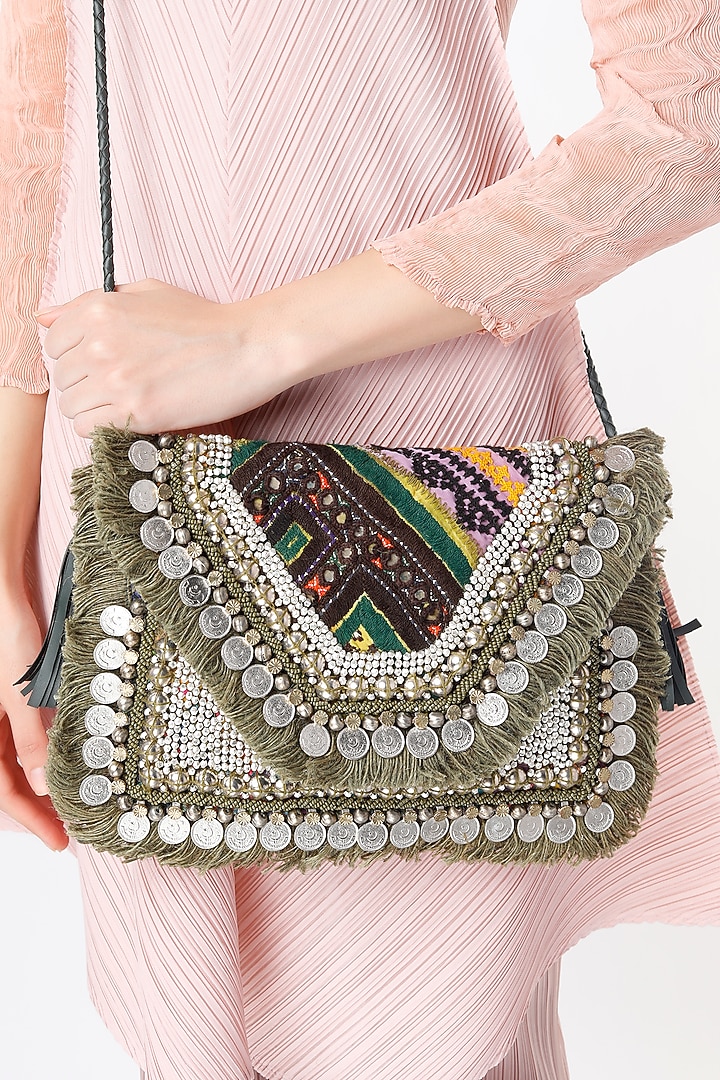 Catalina Green Hand Embroidered Sling Bag by Vipul Shah Bags at Pernia's Pop Up Shop