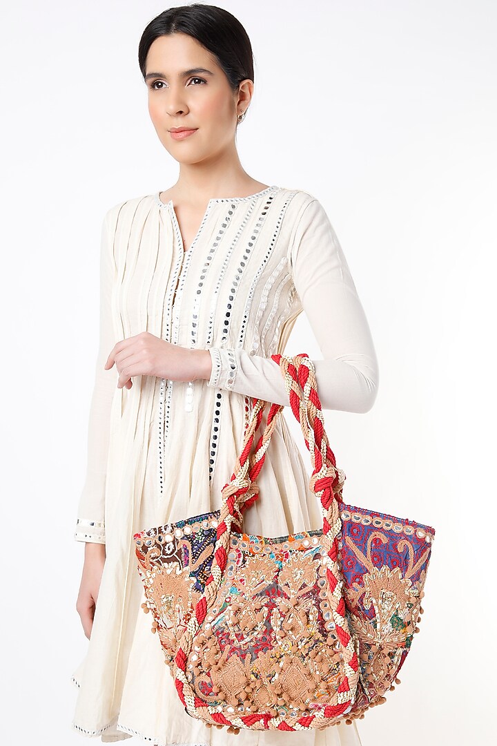 Multi-Colored Hand Embroidered Tote Bag by Vipul Shah Bags at Pernia's Pop Up Shop