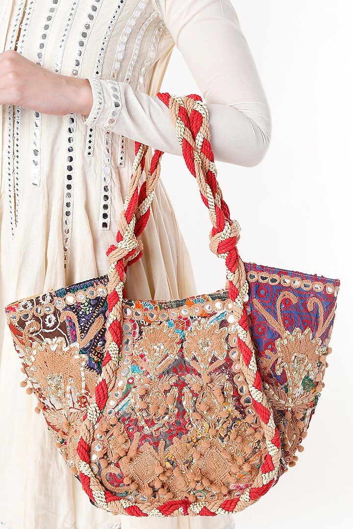 Multi-Colored Hand Embroidered Tote Bag by Vipul Shah Bags at Pernia's Pop Up Shop