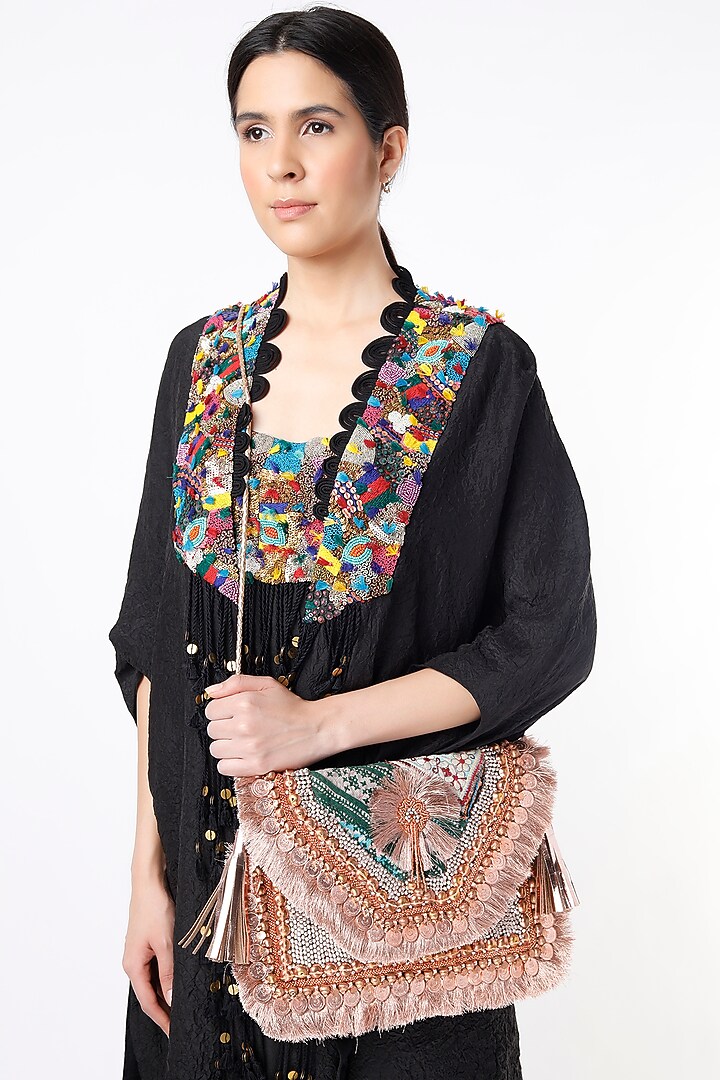 Rust-Brown Hand Embroidered Sling Bag by Vipul Shah Bags at Pernia's Pop Up Shop