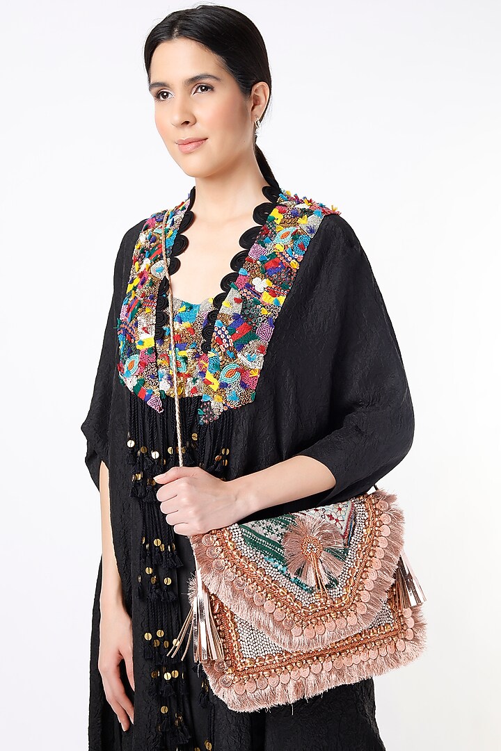 Rust-Brown Hand Embroidered Sling Bag by Vipul Shah Bags at Pernia's Pop Up Shop