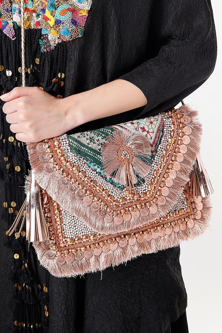 Rust-Brown Hand Embroidered Sling Bag by Vipul Shah Bags at Pernia's Pop Up Shop