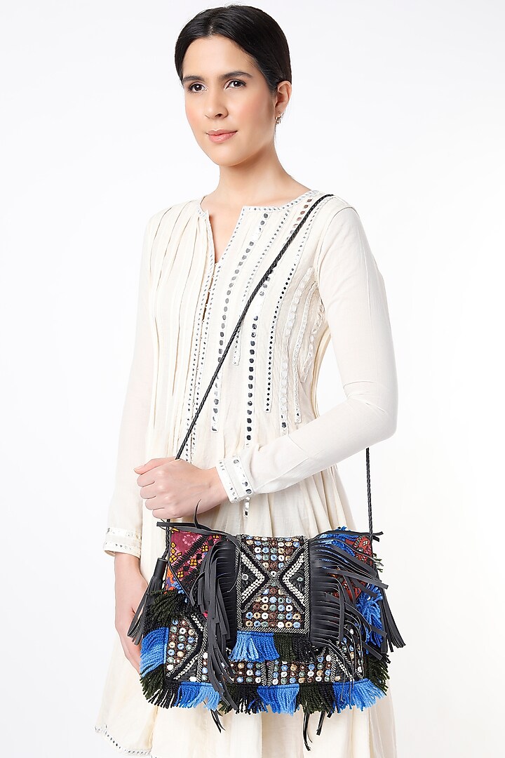 Ash Blue Hand Embroidered Sling Bag by Vipul Shah Bags at Pernia's Pop Up Shop