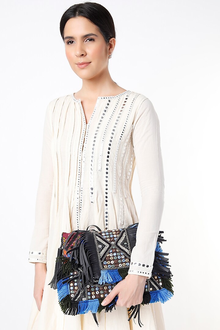 Ash Blue Hand Embroidered Sling Bag by Vipul Shah Bags at Pernia's Pop Up Shop