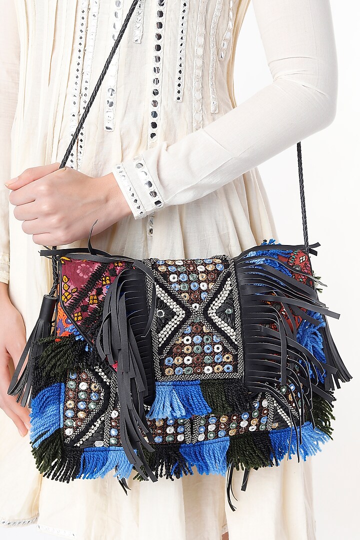 Ash Blue Hand Embroidered Sling Bag by Vipul Shah Bags at Pernia's Pop Up Shop