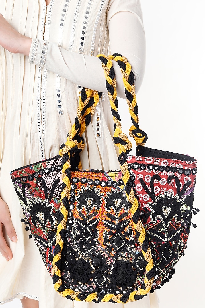 Black Hand Embroidered Tote Bag by Vipul Shah Bags at Pernia's Pop Up Shop