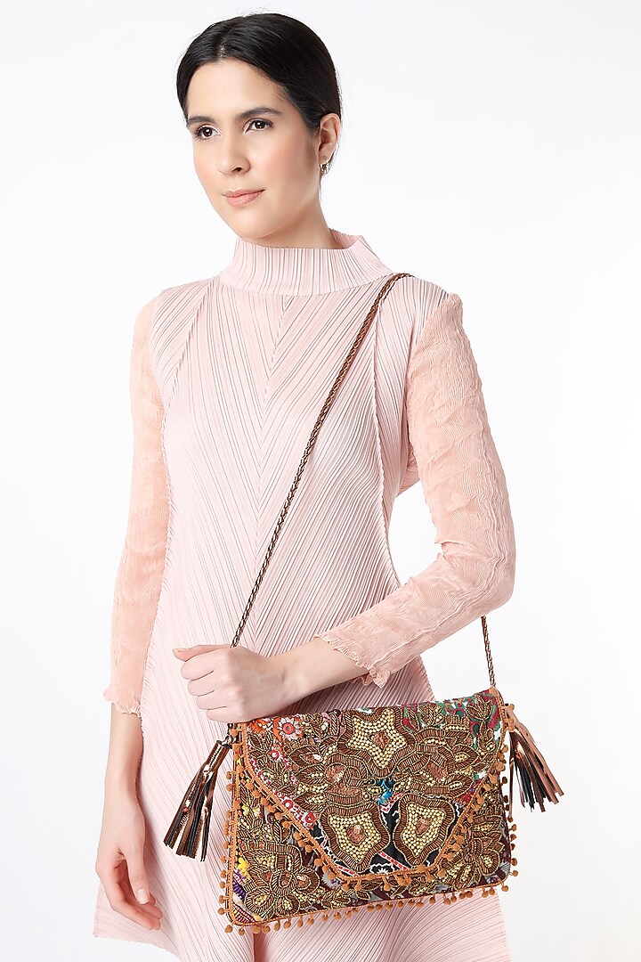 Dull Gold Hand Embroidered Sling Bag by Vipul Shah Bags at Pernia's Pop Up Shop
