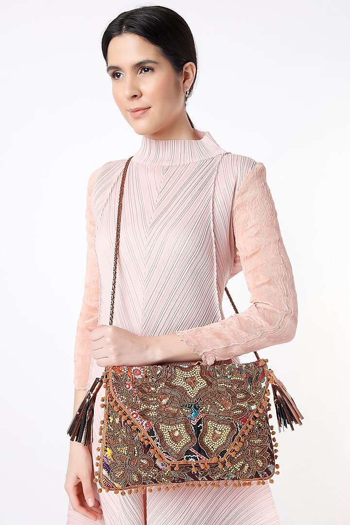 Dull Gold Hand Embroidered Sling Bag by Vipul Shah Bags at Pernia's Pop Up Shop
