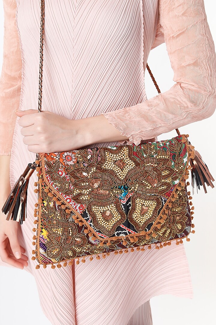 Dull Gold Hand Embroidered Sling Bag by Vipul Shah Bags at Pernia's Pop Up Shop
